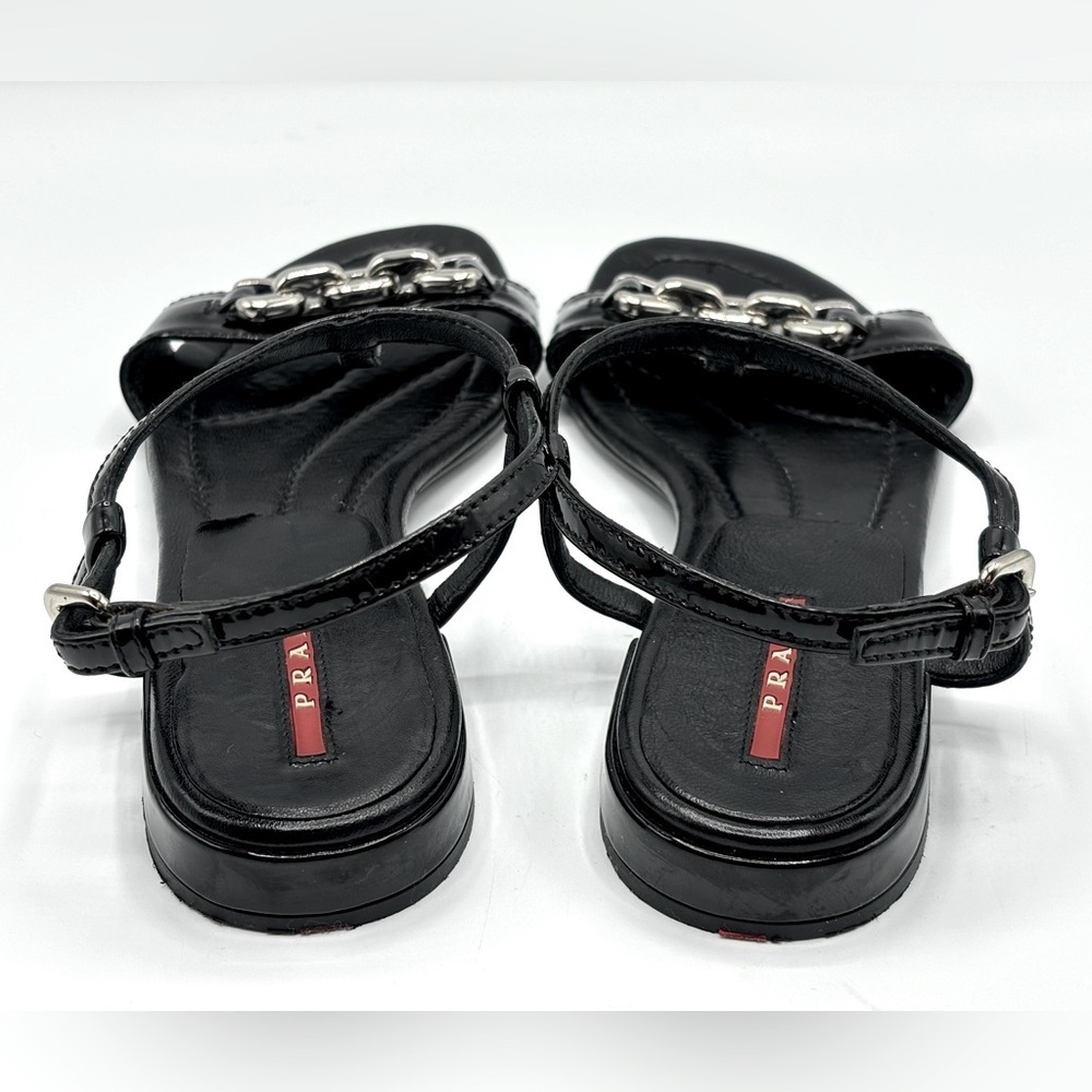 PRADA‎ Black Patent Leather Sandals with Silver Block Chain Detail - Picture 7 of 10